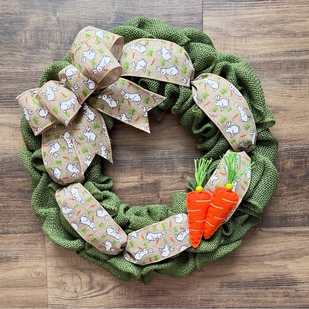 Handmade 18” Burlap Easter Bunny Themed Wreath New!